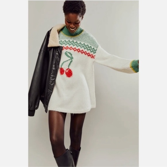 Free People Women's Cherry Heart Sweater Dress Soft Knit Cozy Multicolor Size XS - Picture 2 of 13